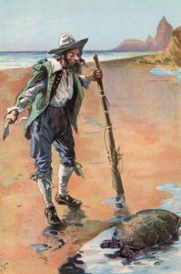 Robinson Crusoe: Jag hittar en sköldpadda (färg litho)