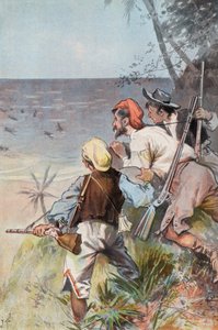 Robinson Crusoe: Invaderad av vildar (färg litho) av Joseph (after) Finnemore