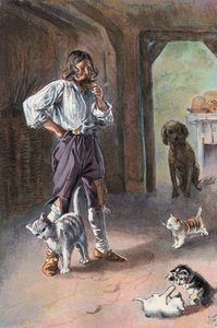 Robinson Crusoe: Min katt tog hem tre kattungar (färg litho)