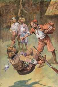 Robinson Crusoe: Spanjoren, med ett knytnäveslag, slog ner honom (färg litho)
