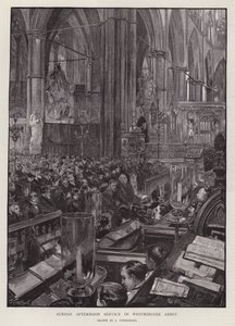 Söndag eftermiddag gudstjänst i Westminster Abbey, London (litho) av Joseph (after) Finnemore