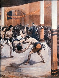 Traditionell japansk brottning: Sumobrottare visar upp sin konst på den japanska utställningen i London 1910 (färg litho)