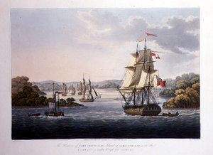 Hamnen i Port Cornwallis. Ön Stora Andaman, med flottan under vägning för Rangoon, graverad av G. Hunt, pub. av Kingsbury & Co., London av Joseph (after) Moore