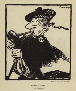 Harry Lauder, skotsk sångare och komiker (litho) av Joseph (after) Simpson