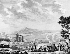 Franska revolutionen och ankomsten av den österrikiska arméns kontrarevolutionära styrkor: Bombardement av staden Lille (25 september av Joseph (after) Swebach Desfontaines