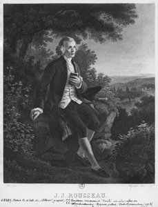 Jean-Jacques Rousseau komponerar "Emile" i Montmorency-dalen, graverad av Hippolyte Huet (1800-talet) av Joseph Albrier