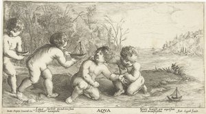Barn leker med båtar Aqua (titel på objekt) av Joseph Antoine Cochet
