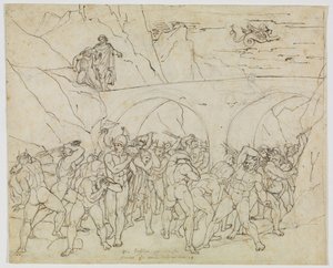 Kopplare, bedragare och smickrare piskade av djävlar (Dantes Inferno, Canto 18, V 79) av Joseph Anton Koch