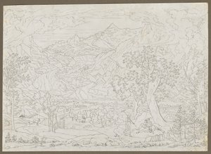 Grindelwaldglaciären med jägare och bondflicka i förgrunden, ca. 1823. av Joseph Anton Koch