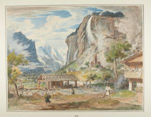 Staubbachfallen och berget Jungfrau i Lauterbrunnendalen i Schweiz av Joseph Anton Koch