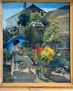 I trädgården En ung kvinna med ett paraply och omgiven av blommor. Målning av Joseph Bail (1862-1921) 1900-talet. Lyon, Museum of Fine Arts