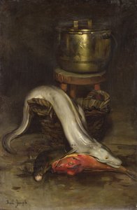 Stilleben med fisk och kittel