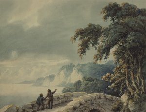 Landskap med träd, bro och figurer