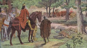 Karl den Stores armé bränner en tysk by och massakrerar invånarna (färg litho)