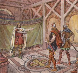 Chlothar I ser fötterna på lönnmördarna som beordrats att döda honom av hans bror Theuderic (färg litho)