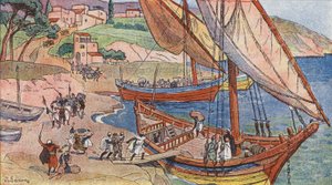 Saracener plundrar vid Medelhavets stränder (färg litho)