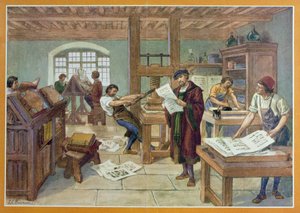 The Invention av Gutenberg av Moveable Type tryckning, illustration från "First Book of French History" av A. Aymard, utgiven av Hachette