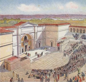 Amfiteatern byggd av romarna i Autun (färg litho)