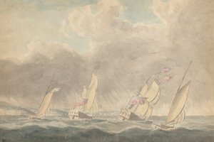 Två krigsslupar, en bark och en skonare (?), Sterns Forward, in Heavy Seas; Flera segelfartyg i bakgrunden av Joseph Cartwright