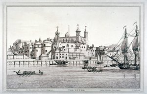 Söderutsikt över Tower of London med båtar på Themsen, 1795 av Joseph Constantine Stadler