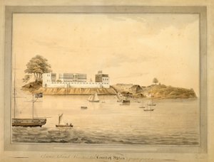 Vy över Bance Island, Sierra Leone, Afrika, ca 1805 (akvarell) av Joseph Corry