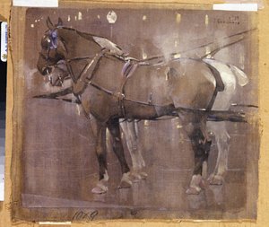 Cab Horses av Gaslight (akvarell & kroppsfärg på linne) av Joseph Crawhall