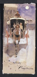 Julkort med en Hansom Cab (wc förhöjd med vit krita på papper)