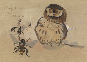 Uggla och bin (gouache på linne) av Joseph Crawhall
