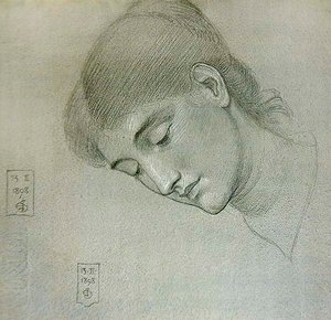 Huvudstudie av en flicka som tittar ner av Joseph Edward Southall