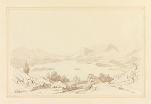 Allmän utsikt över Lake of Derwent Water (penna och bläck med wc över grafit på vävt papper) av Joseph Farington