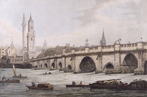 Vy över London Bridge, inklusive Church of St. Magus och The Monument, graverad av J.C. Stadler
