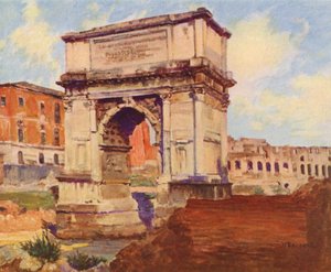 Rom: Forum, Titusbågen, Colosseum (färglitografi) av Joseph Felix Bouchor