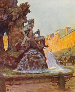 Rom: Piazza Navona, Berninis fontän (färglitografi) av Joseph Felix Bouchor