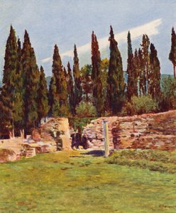 Rom: Villa Hadriana, den grekiska teaterns kolonn (färglitografi) av Joseph Felix Bouchor