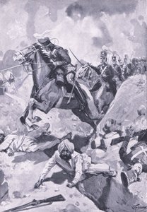 Sobraon: Sir Joseph Thackwell leder 3rd Light Dragoons i en fil genom några sikhiska jordarbeten, illustration från British Battles on Land and Sea, 1915