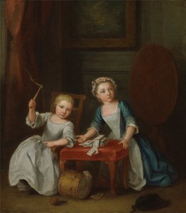 Två barn av familjen Nollekens, förmodligen Jacobus och Maria Sophia, leker med en topp och spelar kort, 1745