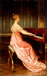 Elegant dam som sitter på Piano-Forte,