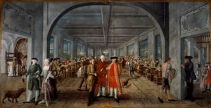 Wetter Brothers Indian Fabric Factory 左はJean Rodolphe（ジャン・ロドルフ）夫妻。 中央では、労働者が工場長のピエール・ピグネに版画を差し出し、その後ろで作業中の労働者がいます。 右側にスウェーデンのピース