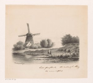 Landskap med en kvarn och två fiskare