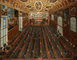 Interiören i Sala Maggior Consiglio, Dogepalatset, Venedig, med patricier som röstar på en bulletin för val av nya magistrater