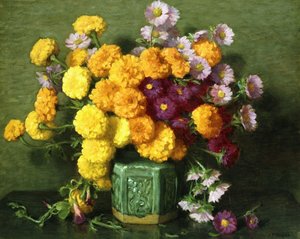 Ringblommor och asters i en kinesisk vas