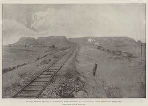 De Aar, visar Railway to Kimberley, med Tafelberg i fjärran, cirka trettiofem mil bort av Joseph Holland Tringham