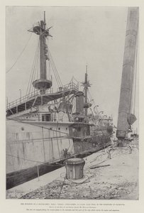 Byggandet av ett stridsfartyg, HMS Ocean, Twin-Screw, 1:a klass, 12 950 ton, på varvet i Plymouth