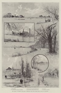 The Coming University Boat-Race, skisser längs banan från Putney till Mortlake av Joseph Holland Tringham