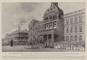 Tacksägelsegudstjänsten på torget i Pretoria, 8 juni, Lord Kitchener uppmanar till Three Cheers for the King av Joseph Holland Tringham