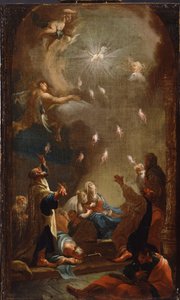 The Descent of the Holy Spirit (Pingst), Olja på duk av Joseph Ignaz Mildorfer (1719-1775), cirka 1750 - (The Descent of the Holy Spirit (Pingst), Olja på duk av J.I.Mildorfer, ca 1750) - Magyar Nemzeti Galeria (Ungern) av Joseph Ignaz Mildorfer