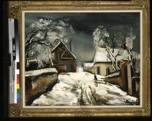Hus i snön (olja på duk)