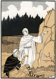 Die Legende der Heiligen Odile (Odile von Hohenburg, ca. 662- ca. 720) zieht eine Quelle aus dem Felsen - Illustration von Joseph Kuhn Regnier (Kuhn-Regnier) (1873-1940) für „Legenden und Märchen des Elsass“, ed. Fernand Nathan Anfang 20. Jahrhundert - Mon von Joseph Kuhn-Regnier