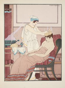 En svamp indränkt i varmt vatten appliceras på huvudet, illustration från "The Works of Hippocrates", 1934. av Joseph Kuhn Regnier