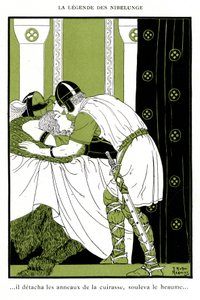 Legend of Nibelunge: Siegfried omfamnar Walkyrie Brunnhilde (kromolitografi) av Joseph Kuhn Regnier